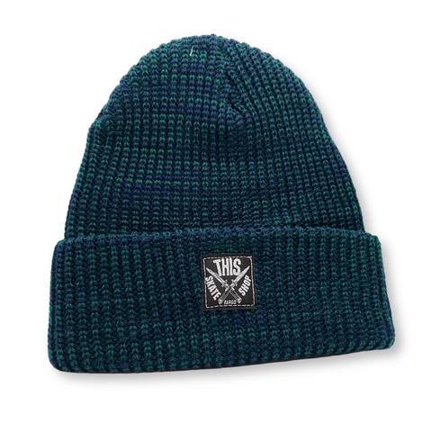 THIS Skateshop | Marled Knit Beanie - Navy/Green - Black Patch